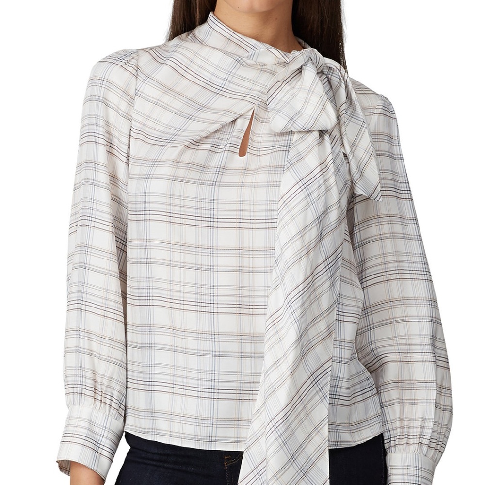 Rebecca Taylor Plaid Silk Blend Tie Blouse Size 10